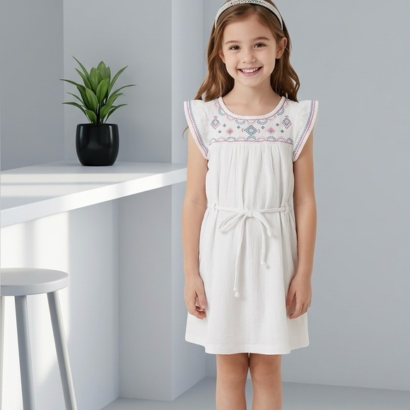 Carter's Other - Girl's Carter's White Embroidered Short Sleeve Dress with Waist Tie Size 6
